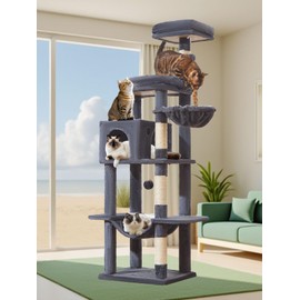 Taoqimiao MS042G Cat Tree,66-inch Large Cat Tower with Scratching Posts, Luxurious Large Platform for Big Cats with Soft Hammock, Adjustable Basket, Deluxe Cat Cando, Top Perch Smoke Gray