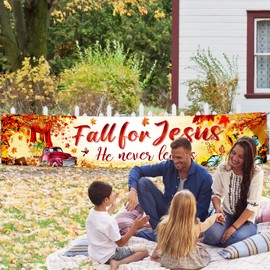 YE Fall for Jesus Banner, Fall for Jesus He Never Leaves Large Banner Yard Sign for Christian Religion Decoration, Autumn Harvest Pumpkin Maple Leaf Thanksgiving Farmhouse Supplies