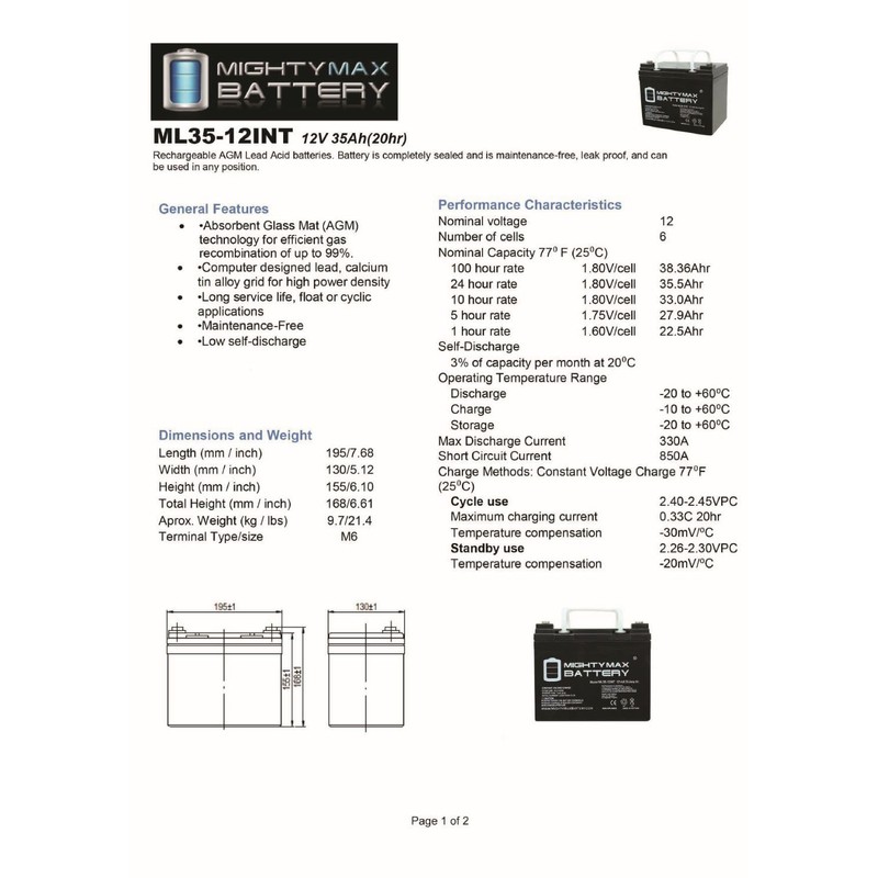 Mighty Max Battery 12V 35AH SLA Internal Thread Battery for