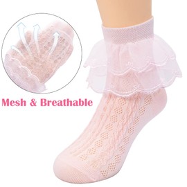 6 Pack Toddler Baby Girls Ruffle Socks White Lace Trim Eyelet Frilly Cute Cotton Dress Ankle Socks for Kids, Multicolor, 4-6 Years