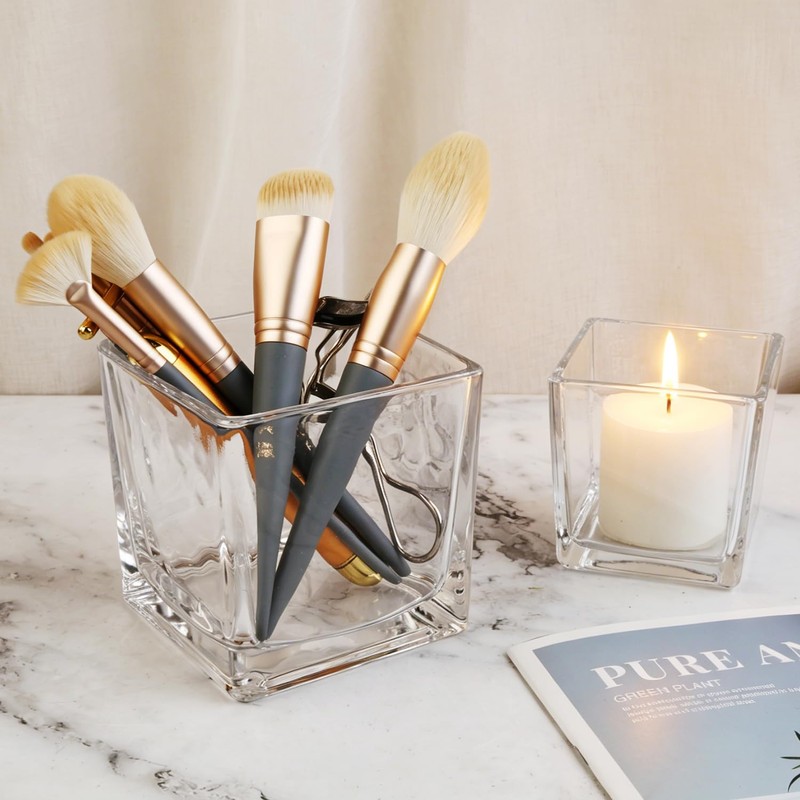 Square Glass Vase, Clear Glass Cube Makeup Brush Holder, Multi-Purpose