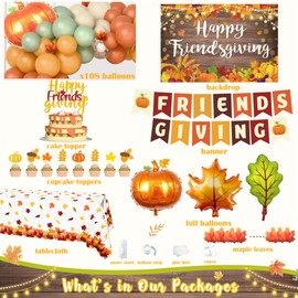 Friendsgiving Party Decorations Kit, Fall Thanksgiving Party Supplies with Friends, Pumpkin Autumn Fall Friendsgiving Backdrop Tablecloth Banner Toppers Maple Leaves for Friends Giving Decorations Set