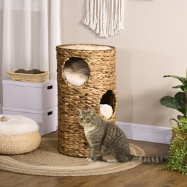 PawHut 29 Inch Cat Condo - 3 Story Cat House with Cushion, Barrel Shaped Cat Hideaway with Hand-Woven Materials, Multi-Layer Raised, Sand Brown