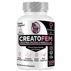 Creatina para Mujeres. Con Myo Inositol, Arándano, Miel orgánica y Ácido fólico. 1579mg de Creatina Monohidrato. CreatoFem. Purely Organics. Version 120 cápsulas