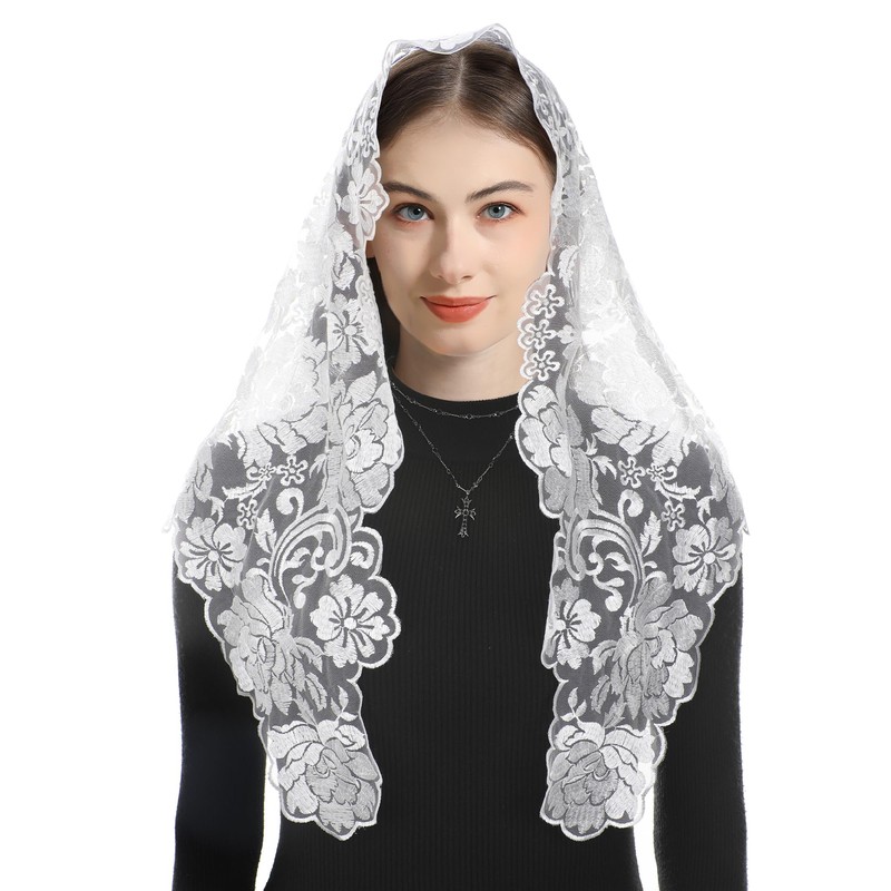 Bozidol Church Mantilla Catholic Veil: White Peony Flowers Embroidered Lace