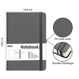 Mlife A5 Graph Paper Notebook,360 Pages Thickened Squared Notebook,Premium 100g/M² Ink Resistant Paper Thick,Pu Hard Cover Grid Notebook,Inside Pocket,Elastic Banded,Grid Paper for Writing&Diary(Gray)