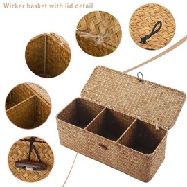 TOOSOAR® Pack of 2 Natural Woven Braided Rectangular Rattan Basket, Storage Basket with Lid, Braided Storage Basket for Organising Snack Toys