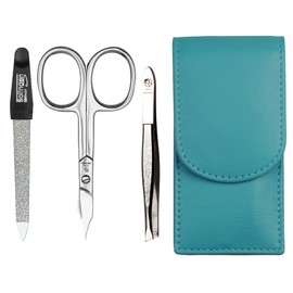 Sonnenschein by Hans Kniebes - Manicure Set 3 Pieces - Nail Scissors, Nail File and Tweezers - Pocket Manicure Nail Care Set - Nappa Lambskin Manicure Case (Turquoise)