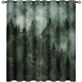 Foggy Forest Plant Blackout Curtains, Nature Landscape Green Tree Grommet Thermal Insulated Curtains Window Drapes for Bedroom Living Room, 2 Panels, Each 21W x 45L