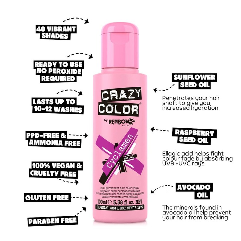 Crazy Color Vibrant Cyclamen Semi-Permanent Duo Hair Dye. Highly Pigmented