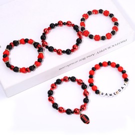 BSJELL 5 Pack Game Day Beaded Bracelet Stackable Red Black Sports Beaded Stretch Bracelet Football Charm Bracelets Game Day Jewelry Gifts for Women
