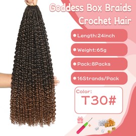 Goddess Box Braids Crochet Hair 8 Packs with Curly Ends Pre Looped Boho Water Wave Crochet Hair Deep Wavy Ends Gogo Curl Crochet Hair with Jerry Curly Extensions for Black Women (T30#, 24inch)