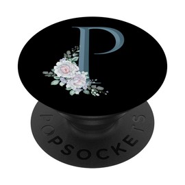 Letter P Teal Blue Floral Initial Monogram on Black