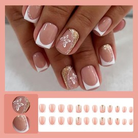 24 Pcs Pink Press on Nails Extra Short Square,LINMEIZAI White French Fake Nails Press ons Nail Tips Glue on Nails Full Cover Acrylic Nail Kit False Nails with Gold Glitter Nail Art Design for Women