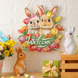 Barydat Easter Wreaths for Front Door Easter Bunny Welcome Wood Sign Easter Door Hanger Spring Door Decorations Easter Hanging Plaque Rabbit Sign Easter Decorations for Home Shop Garden(Bunnies)