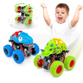 Car Toys for 2-Year-Old Boys, 2-Pack Dinosaur Monster Truck Pull Back Friction Vehicles, Birthday Gifts for Kids Toddlers Age 2-5