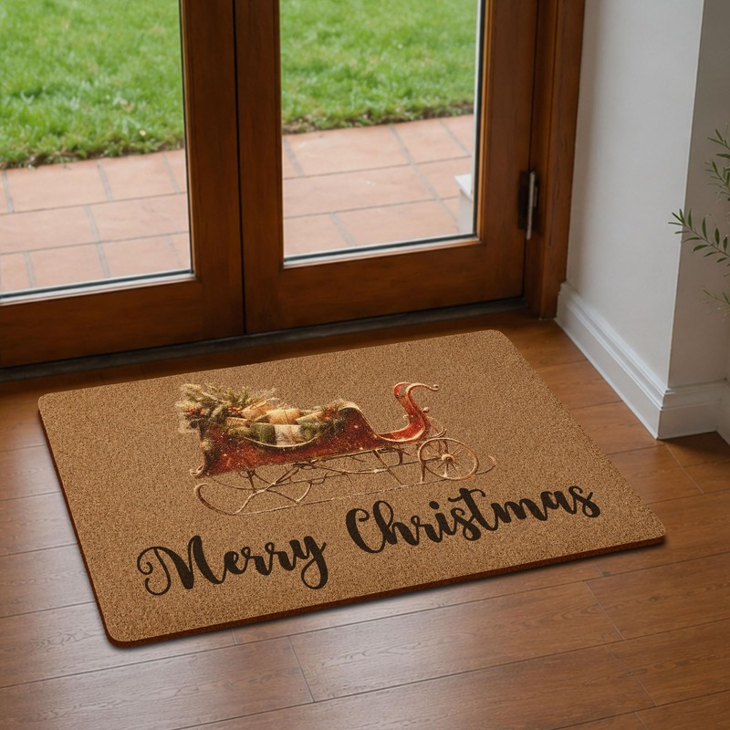 Rustic Sleigh Doormat, Merry Christmas Welcome Mat Artificial Coir Non
