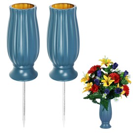 Jadin Grave Flower Pots, Grave Flower Holders, 2 Pack Memorial Vases for Graves, Plastic Grave Decoration with 2 Spike, Grave Decorations for Gravestone Grave Garden Yard, Blue, 20 x 10 cm
