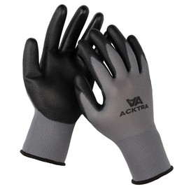 ACKTRA Wholesale Pack of 120 Pairs Ultra-Thin Polyurethane Coated Nylon Safety WORK GLOVES, Seamless Knit, Smooth Grip on Palm & Fingers, for Men & Women, WG002 Grey Polyester Black PU, X-Large