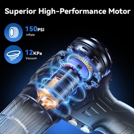 New Innovative 2-in-1 Car Vacuum Cleaner, Tire Inflator and Portable Air Pump - High-Power Suction, Digital Pressure Gauge, HEPA filter, LED Light with USB rechargeable for Easy Cleaning & Inflation.