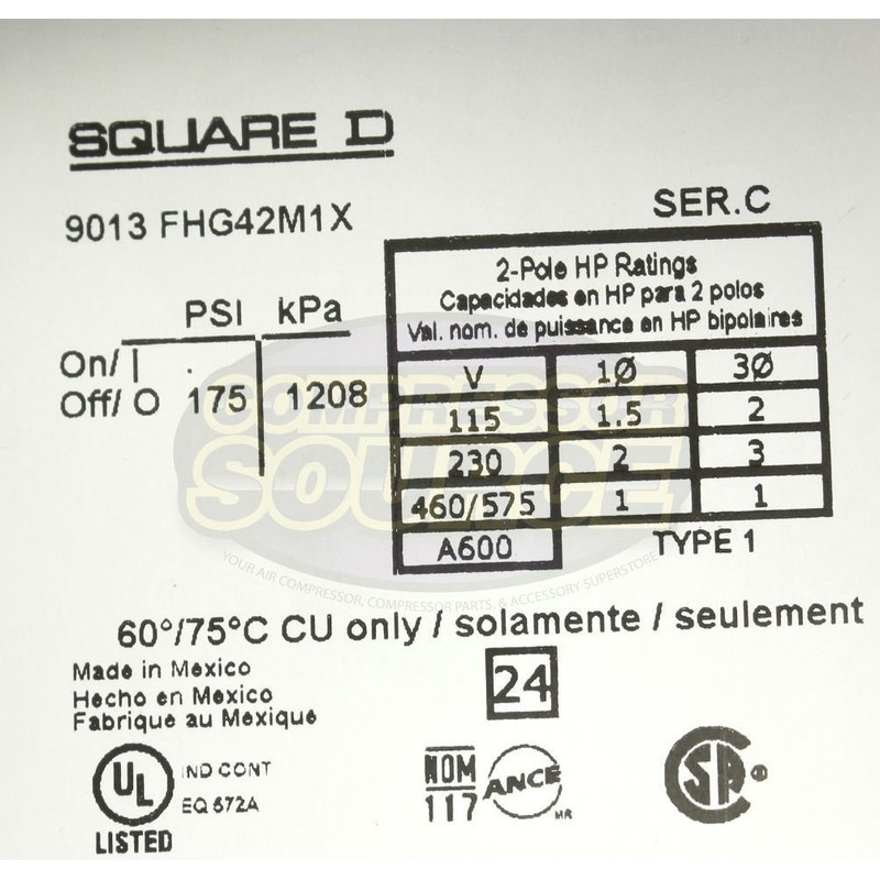 Square D 9013FHG42J59M1X Air-Compressor Switch