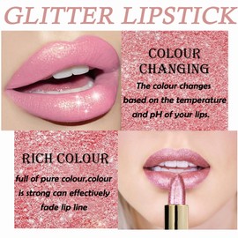 Colour Changing Lipstick Glitter Metallic Lipstick Pearly Pink Lipstick Shimmer Non-Stick Cup Lipstick, Moisturizing Waterproof Long Lasting Lip Stick Lip Gloss, Non Drying Lipstick for Girls Women