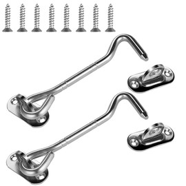 nutmanel Pack of 2 storm hooks, cabin hooks, stainless steel, latch door, hook with eyelet, silver, door latch, cabin hook lock for doors with 8 mounting screws for gate, garage, fence, window