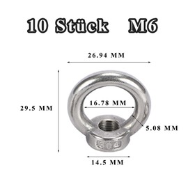 Lashua Ring Nut M6, 10 Pieces 304 Stainless Steel Ring Eyelets for Lifting Accessories, Fixing Hanging Ornaments, Flower Pots and Swings, Silver