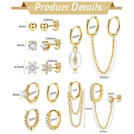 Sanfenly 10 Pairs Small Gold Huggie Hoop Earrings for Women Lightweight Double Piercing Chain Earrings Dainty Gold Stud Earrings Hypoallergenic Gold Hoop Earring Set