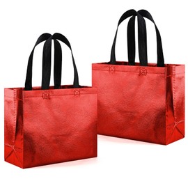 WRAPAHOLIC 12 Pack Reusable Red Gift Bag with Handles - Medium Size 8 x 4 x 10 inch - Perfect for Christmas Gift Bags, Shopping Bag, Goodie Bags, Party Favor Bags