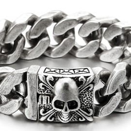 COOLSTEELANDBEYOND Mens Large Vintage Brushed Silver Finishing Steel Curb Chain Bracelet with Fleur De Lis and Skull