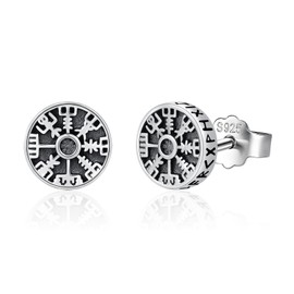 Viking Compass Earring 925 Sterling Silver Punk Gothic Earrings Viking Stud Earrings Norse pagan Jewelry Gifts for Women Men, Sterling Silver, No Gemstone
