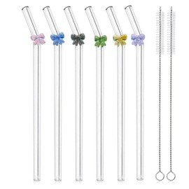 Yeanifeana 6-Pack Reusable Shatter-Resistant Glass Straws with 2 Brushes, Dishwasher Safe Eco-Friendly Drinking Straws for Juice, Smoothies, Milkshakes & Tea, Colorful Bow Design Durable Glass Straws