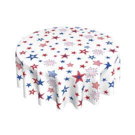 4th of July Tablecloth Round Patriotic American Flag Star and Fireworks Table Cloths Circular Table Cover Waterproof and Wipeable Polyester Tabletop for Dining Kitchen Picnic Party Decor 60 Inch