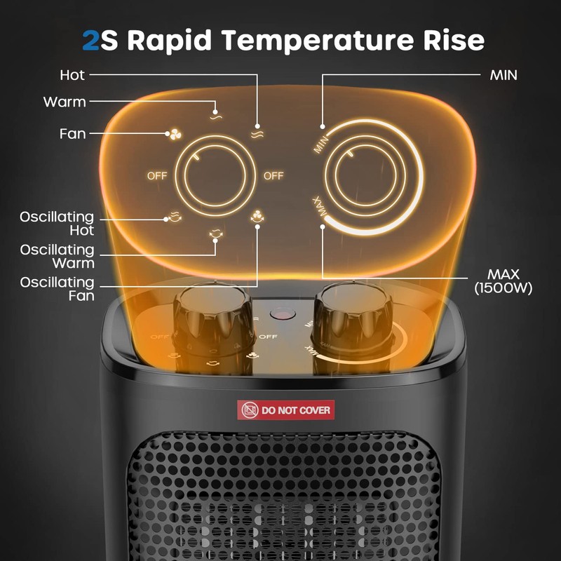 ECOWELL 1500W Portable Space Heater for Indoor Use, 60°Oscillating,Small Electric