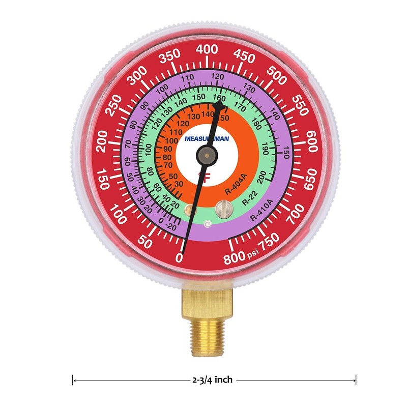MEASUREMAN Refrigeration Pressure Gauge, 2-3/4" Dial, Blue Dial & Red