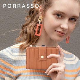 PORRASSO Ladies Wallet Small Purse RFID Blocking Card Holder Bifold Wallet Leather Coin Purse Women Change Pouch Brown