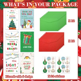Sanixin 24Pcs Christmas Thank You Cards for Teachers Christmas Colorful Appreciation Cards with Envelopes and Stickers for Xmas Teacher Gifts, 6 designs
