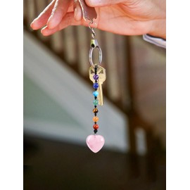 CrystalTears Heart Keyring 7 Chakra Beads Pendant Key Ring Gemstone Bag Pendant Talisman Spiritual Gifts, rose quartz