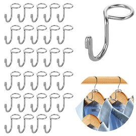 Kokone 30 Pack Metal Clothes Hanger Connector Hooks, Hanger Extender for Clothes, Min Hanger Extender Hooks for Velvet Wooden Hangers, Closet Space Saving Hanger Extender Clips Cascading Hooks, Silver