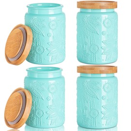 Claplante 4 Pack Large Storage Jar, 25 FL OZ Food Storage Containers with Bamboo Lid, Kitchen Containers Cereal Canisters, Airtight Vintage Jar, Decorative Jar for Candy Snack Cookies Coffee Tea Nuts