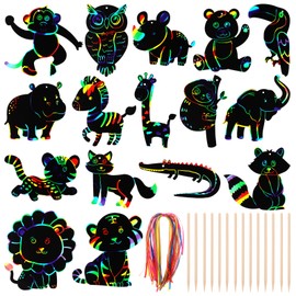 64 Pcs Wild Animal Scratch Cards DIY Rainbow Color Scratch Art Card Jungle Safari Animal Painting Scratch Off Paper for Kids Art Craft Kit with 64 Wood Stylus Ribbon for Home School Decor Party Favors