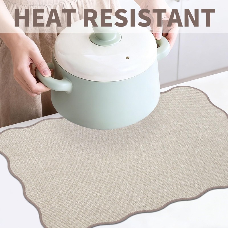BESTORI Cloth Placemats Set of 6 Faux Linen Scalloped Edge