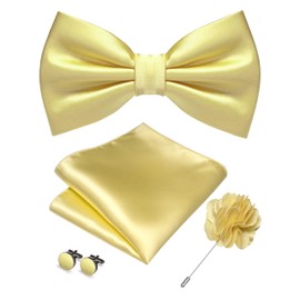 RBOCOTT Light yellow Bow Tie for Men Silk Bowtie and Pocket Square with Lapel Pin Cufflinks Set (19)