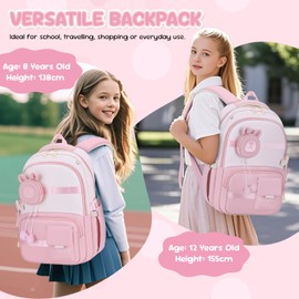 Amythe Children's Backpack Girls, Lightweight School Backpack for Girls 2nd to 5th Grade, Beautiful School Bag with Removable Coin Pocket, Casual Daypack for Children 7-12 Years, pink