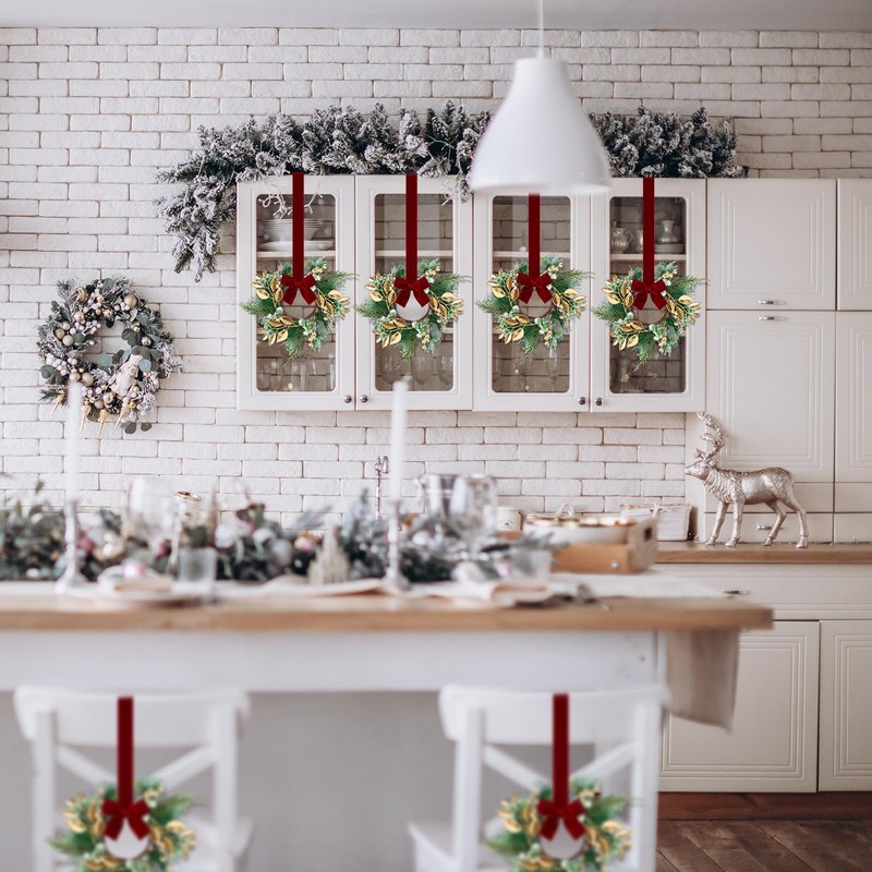 Lyrow 8 Pcs Mini Christmas Kitchen Cabinet Wreaths with Red