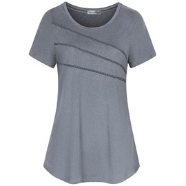 MISS FORTUNE Yoga Clothes for Women Short Sleeve Workout Tunic Tops Activewear Quick Dry Tennis Shirts Crew Neck Soft Comfy Grey L