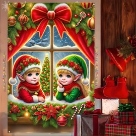 BlissYard Merry Christmas Window Curtain 31x47 Inch Elf Backdrop Curtain Door Cover Hanging Banner Decor Scene for Home Wall Garage Door Decoration