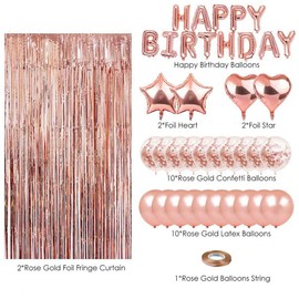 Rose Gold Birthday Party Decoration Set, 27 Pieces with Balloons, Curtain