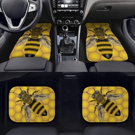 Delerain Yellow Bee 4-Piece Car Floor Mats Front and Rear Rubber Backing Carpet, Auto Foot Mats All Weather Universal Fit Car Decor Accessories Fit for SUV, Vans, Sedans, Trucks